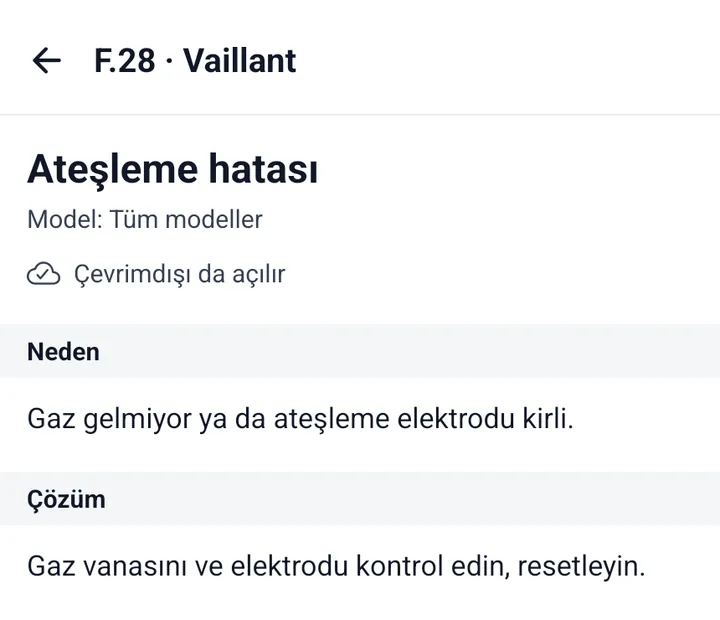 Arıza kodu ekranı: F.28 · Vaillant, Ateşleme hatası; Çevrimdışı da açılır işareti, altında neden ve çözüm
