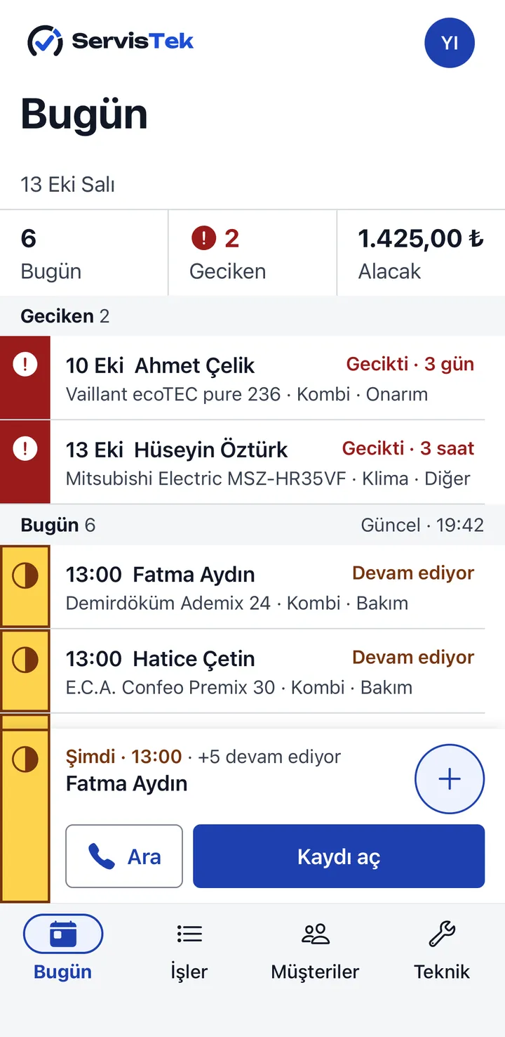 ServisTek Bugün ekranı: bugünkü 6 iş, 2 geciken iş ve 1.425 TL alacak; geciken ve devam eden işler listesi