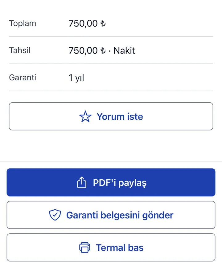 Paylaş ekranı: toplam ve tahsil 750 TL nakit, garanti 1 yıl; PDF’i paylaş, Garanti belgesini gönder ve Termal bas düğmeleri